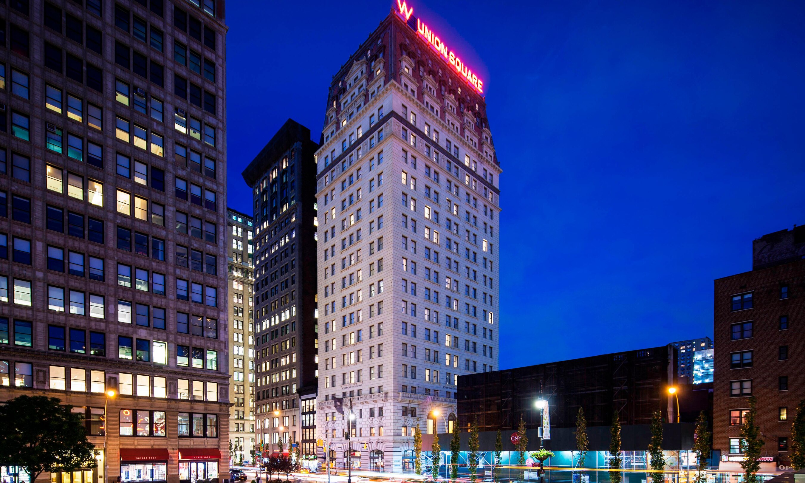 A view of the W Union Square at night, and the surrounding Union Square area